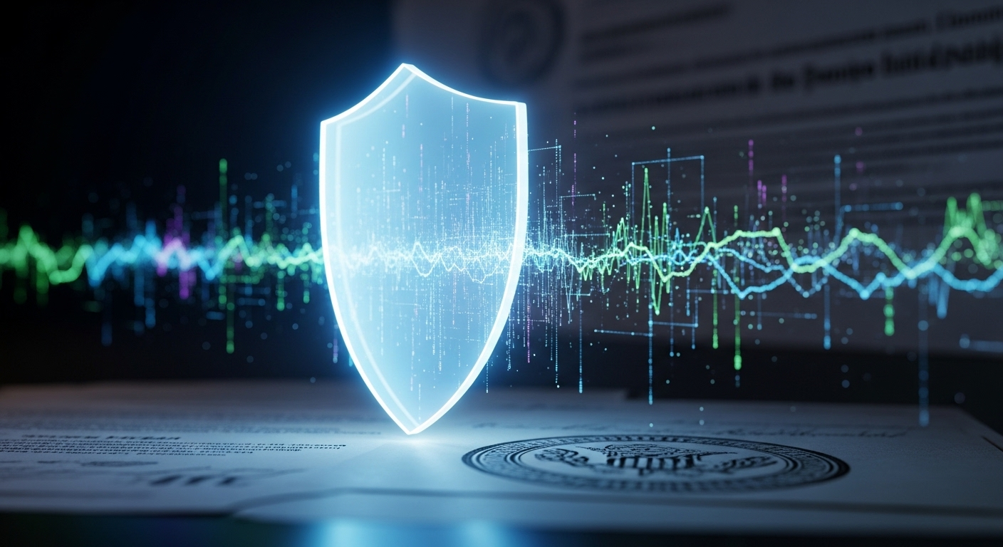 Lá chắn ánh sáng bảo vệ luồng dữ liệu số, tượng trưng cho quyền riêng tư và quy định thông tin. Điều này đặc biệt quan trọng khi Facebook kiếm tiền từ dữ liệu, đảm bảo bảo mật cho người dùng.