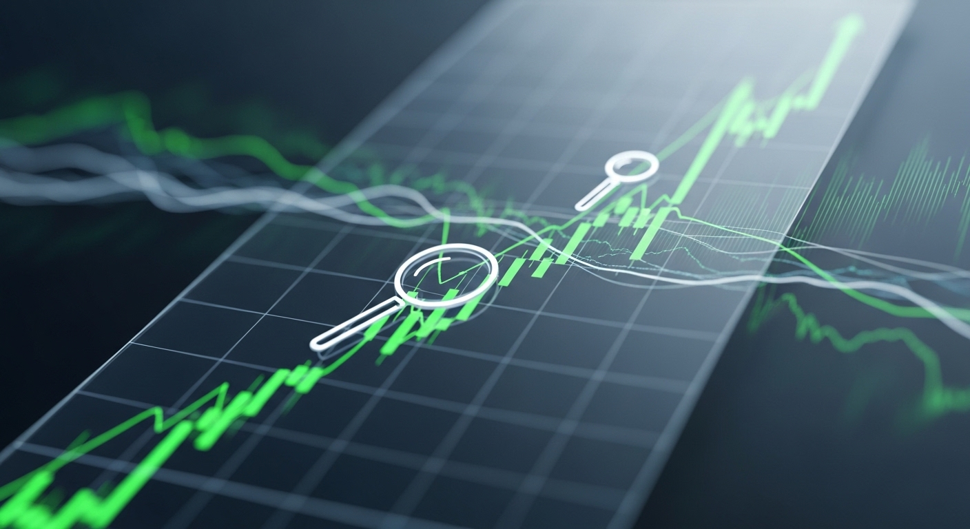 Màn hình kỹ thuật số trong suốt hiển thị biểu đồ tài chính tăng trưởng với điểm nhấn xanh lá, được kính lúp phân tích nhằm tối ưu cách kiếm tiền trên Facebook hiệu quả.