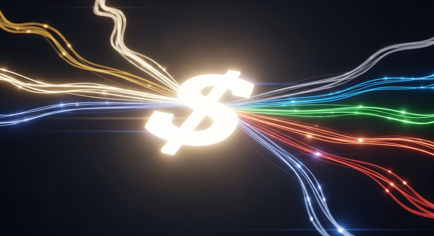 Biểu tượng tài chính phát sáng với các luồng ánh sáng đại diện cho kênh thu nhập đa dạng, bao gồm Hướng dẫn kiếm tiền trên Facebook Ad Breaks.