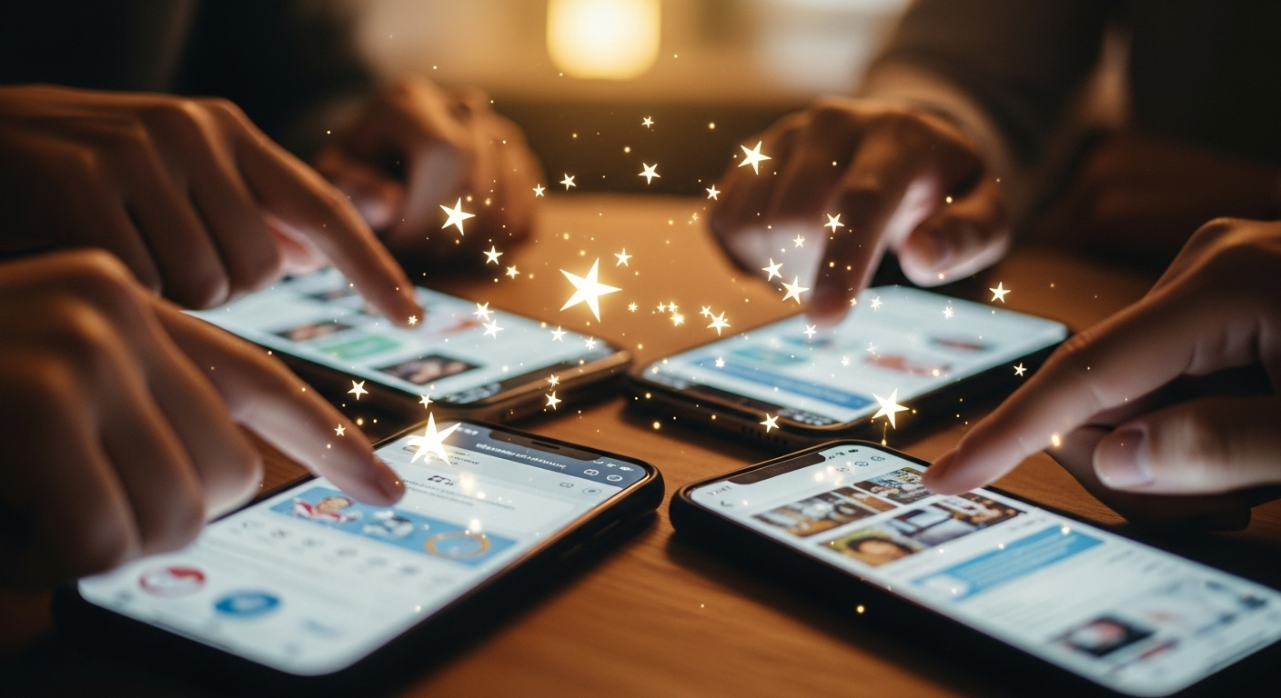 Cận cảnh bàn tay tương tác trên màn hình smartphone sáng rực với hiệu ứng sao kỹ thuật số. Hình ảnh ấm áp này thể hiện sự tương tác tích cực, mở ra cơ hội kiếm tiền từ Story Facebook.