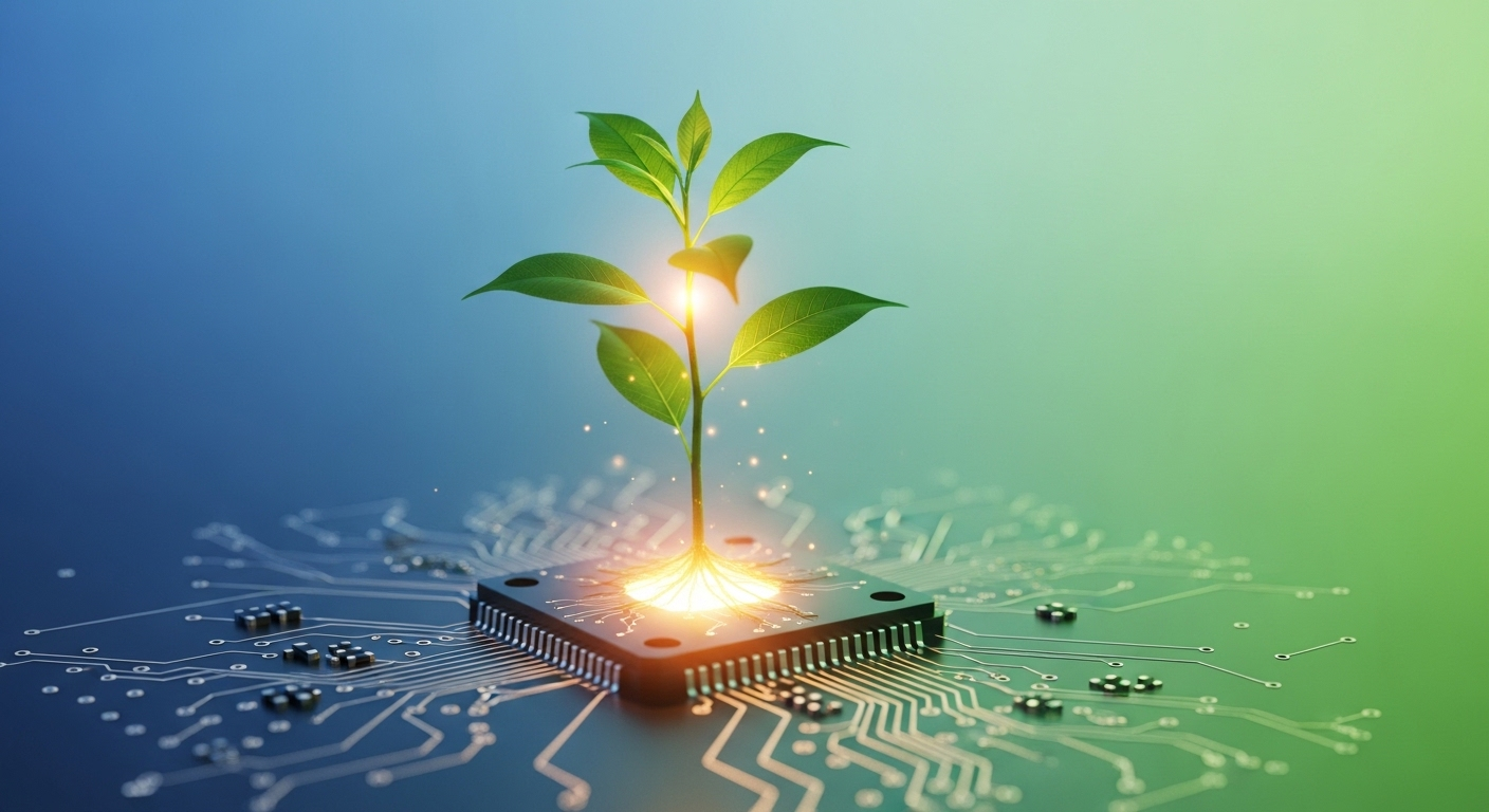 Cây non xanh tươi mọc lên từ bảng mạch điện tử, biểu tượng cho sự phát triển bền vững trong kỷ nguyên số. Khám phá cách kiếm tiền trên Facebook hiệu quả và tiềm năng trong tương lai.