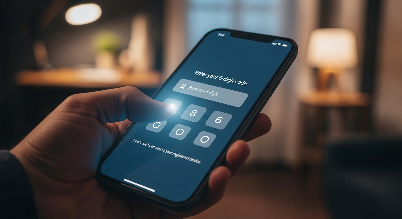 Bàn tay cầm smartphone hiển thị xác thực 2 yếu tố (2FA), mã bảo mật thiết yếu để an toàn khi kiếm tiền trên Facebook.