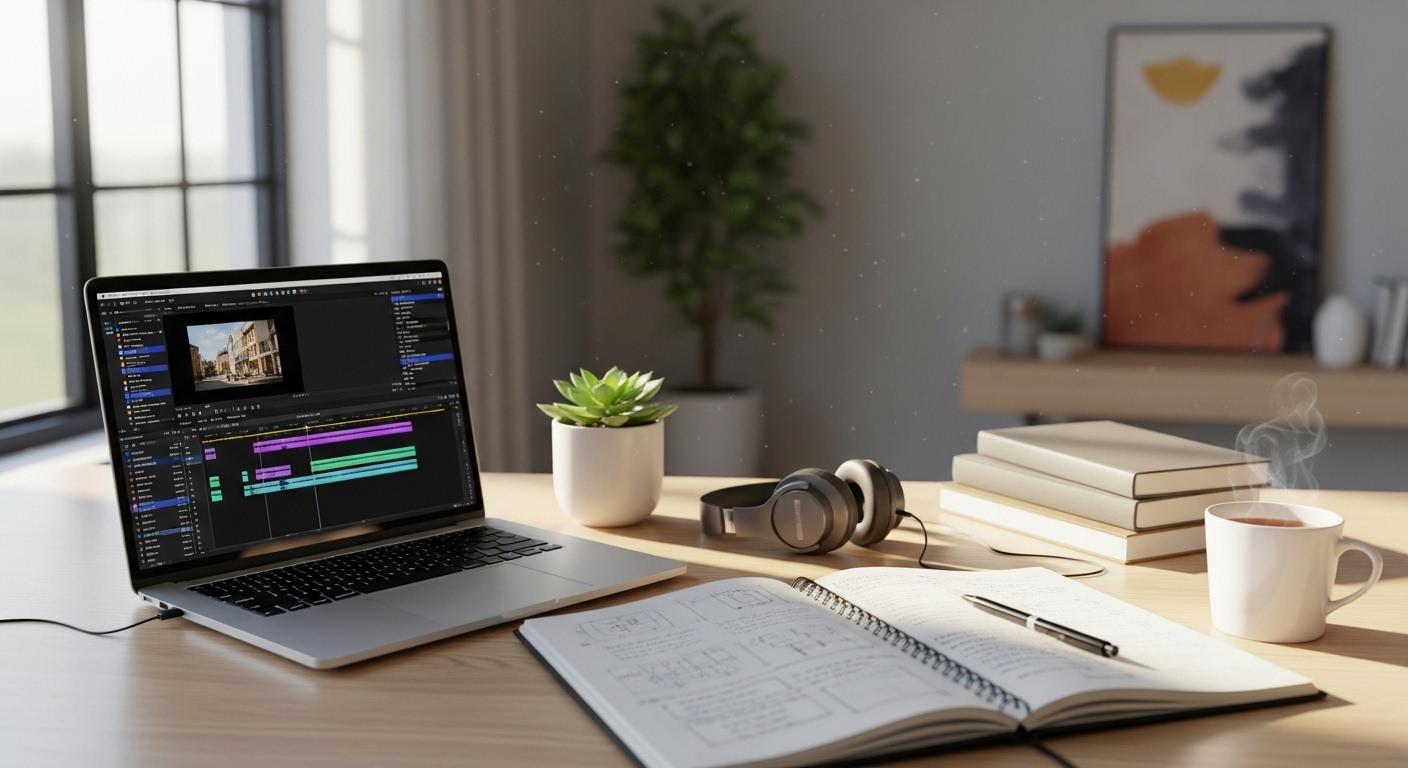 Bàn làm việc sáng tạo, gọn gàng với laptop hiển thị timeline chỉnh sửa video, sổ tay ghi chú và trà. Một không gian lý tưởng để tìm hiểu cách kiếm tiền TikTok.