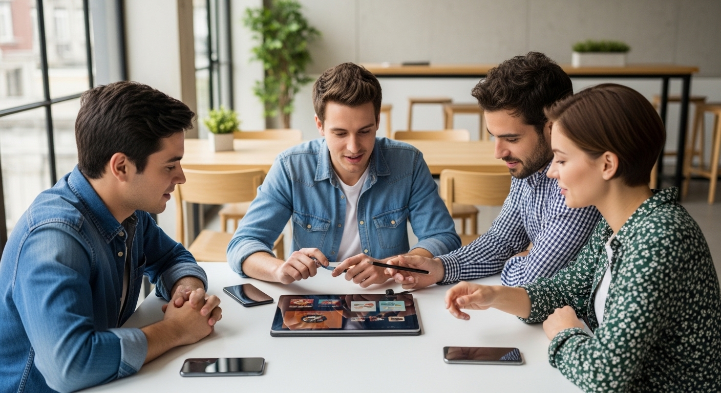 Ba bạn trẻ đang hợp tác thảo luận ý tưởng sáng tạo nội dung số trên máy tính bảng, nhằm mục tiêu kiếm tiền trên TikTok, trong không gian làm việc hiện đại.