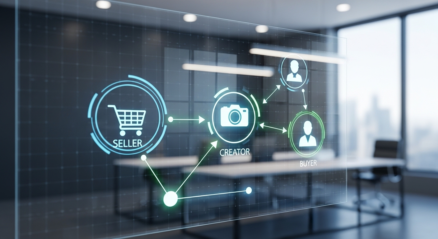 Giao diện mạng lưới kỹ thuật số thể hiện luồng liên kết giữa người bán (giỏ hàng), người sáng tạo (camera) và người mua (hồ sơ người dùng), minh họa cách làm tiếp thị liên kết TikTok.