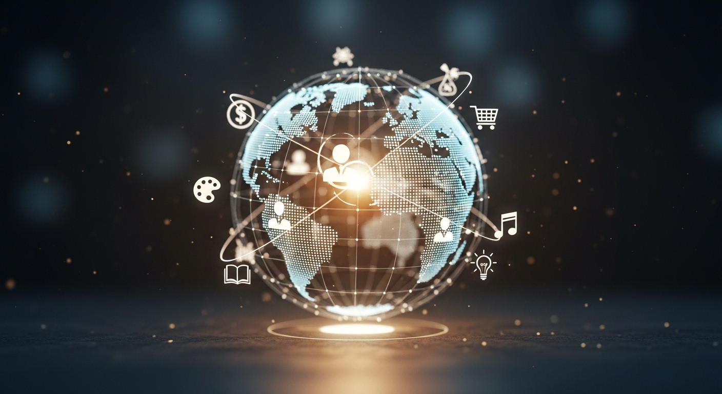 Địa cầu hologram phát sáng tượng trưng mạng lưới và cộng đồng toàn cầu, với các biểu tượng thương mại, sáng tạo gợi mở nhiều con đường thành công, điển hình như kiếm tiền trên TikTok.