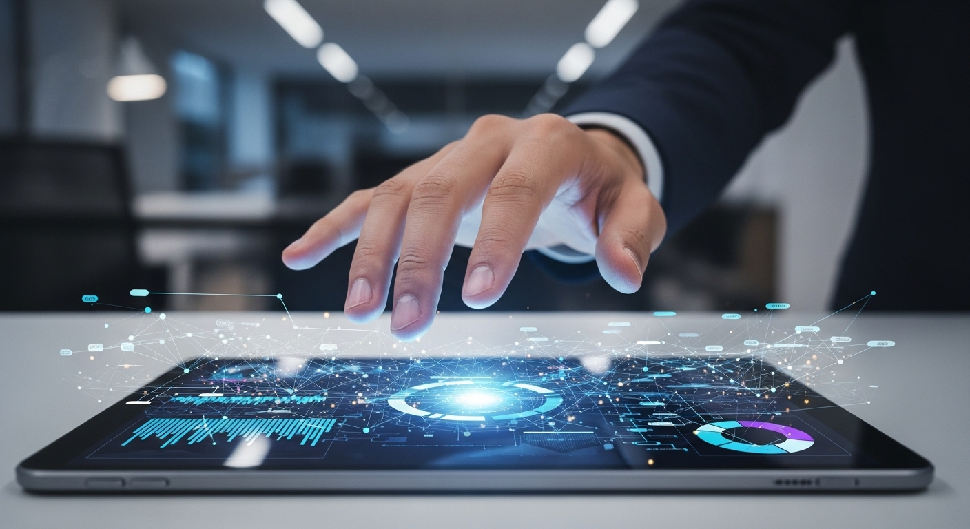 Bàn tay phân tích sâu dữ liệu trên tablet, sử dụng biểu đồ phức tạp cho ma trận SWOT.