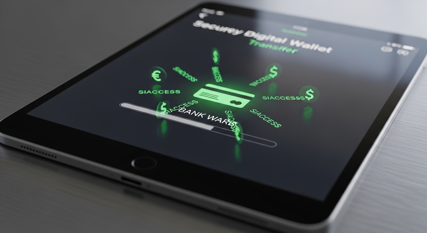 Màn hình máy tính bảng hiển thị giao dịch ví điện tử thành công, chuyển tiền ảo sang thẻ ngân hàng với biểu tượng xanh lá, đặt trên bàn kim loại. Đây là bước quản lý thu nhập quan trọng sau khi biết cách bật kiếm tiền trên TikTok và nhận doanh thu về.