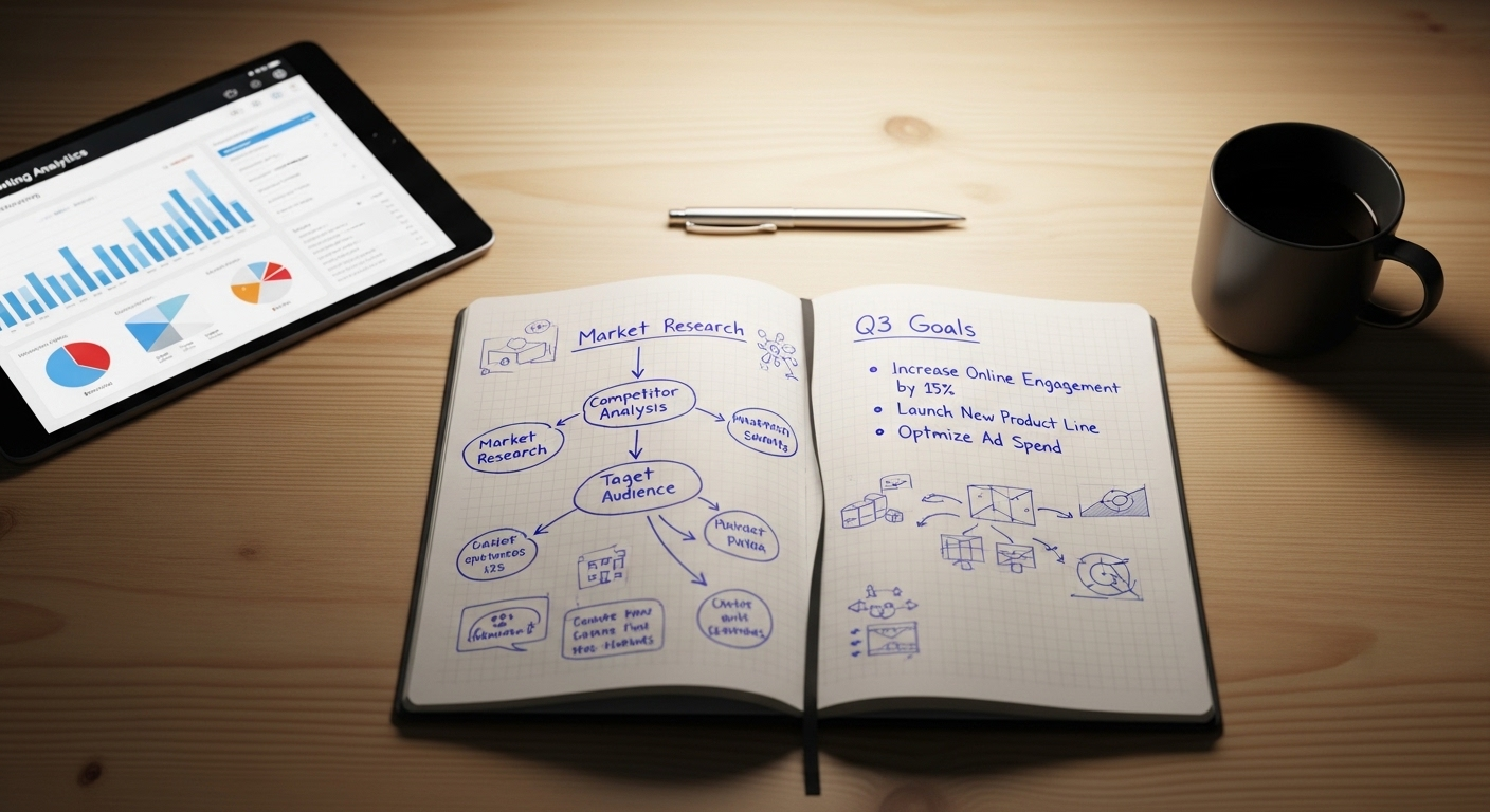 Sổ ghi chép kế hoạch và máy tính bảng phân tích marketing trên bàn làm việc, vạch ra cách kiếm tiền trên TikTok hiệu quả. Sổ ghi chép kế hoạch và máy tính bảng phân tích marketing trên bàn làm việc, vạch ra cách kiếm tiền trên TikTok hiệu quả.