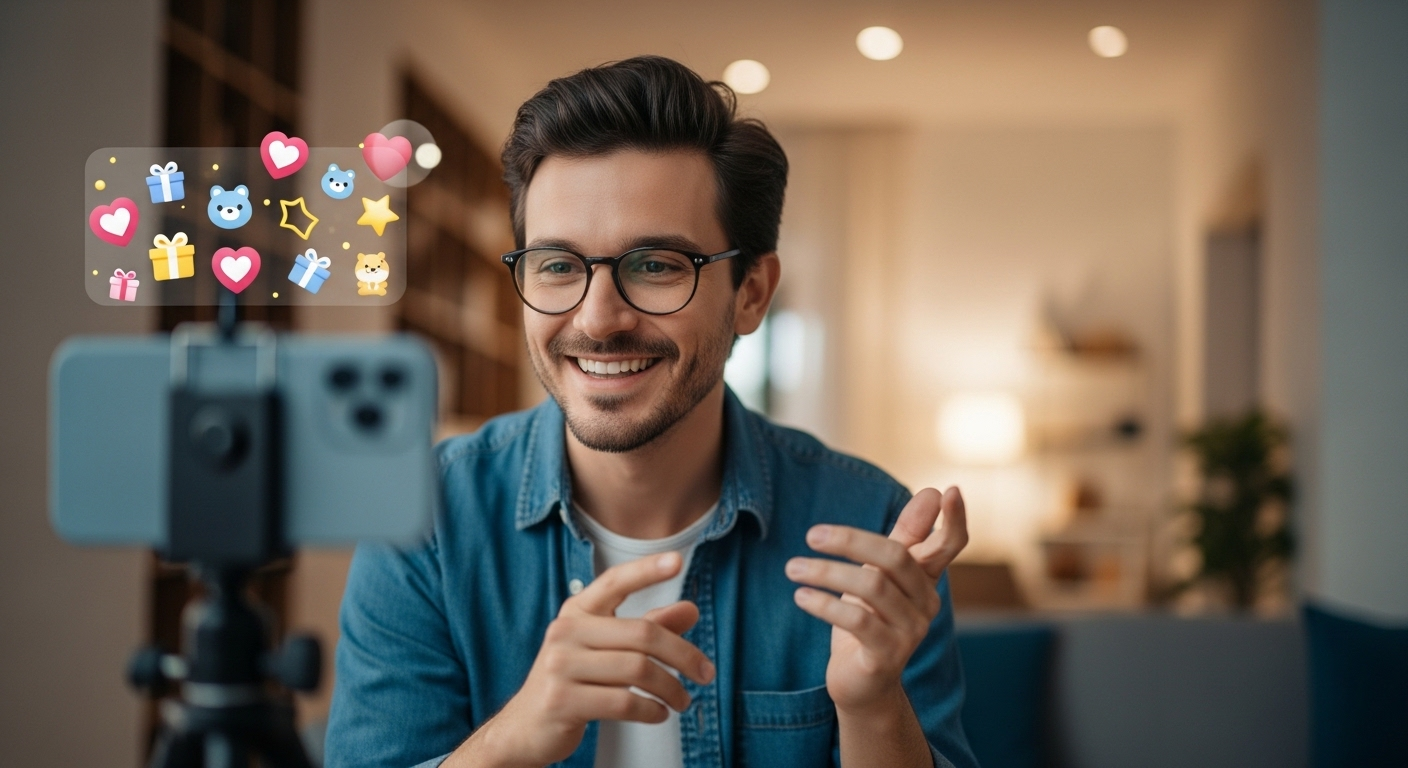 Người vui vẻ phát trực tiếp trên smartphone, màn hình hiển thị quà ảo, minh họa cách kiếm tiền trên TikTok, bao gồm cả kiếm tiền trên TikTok bằng cách xem video.