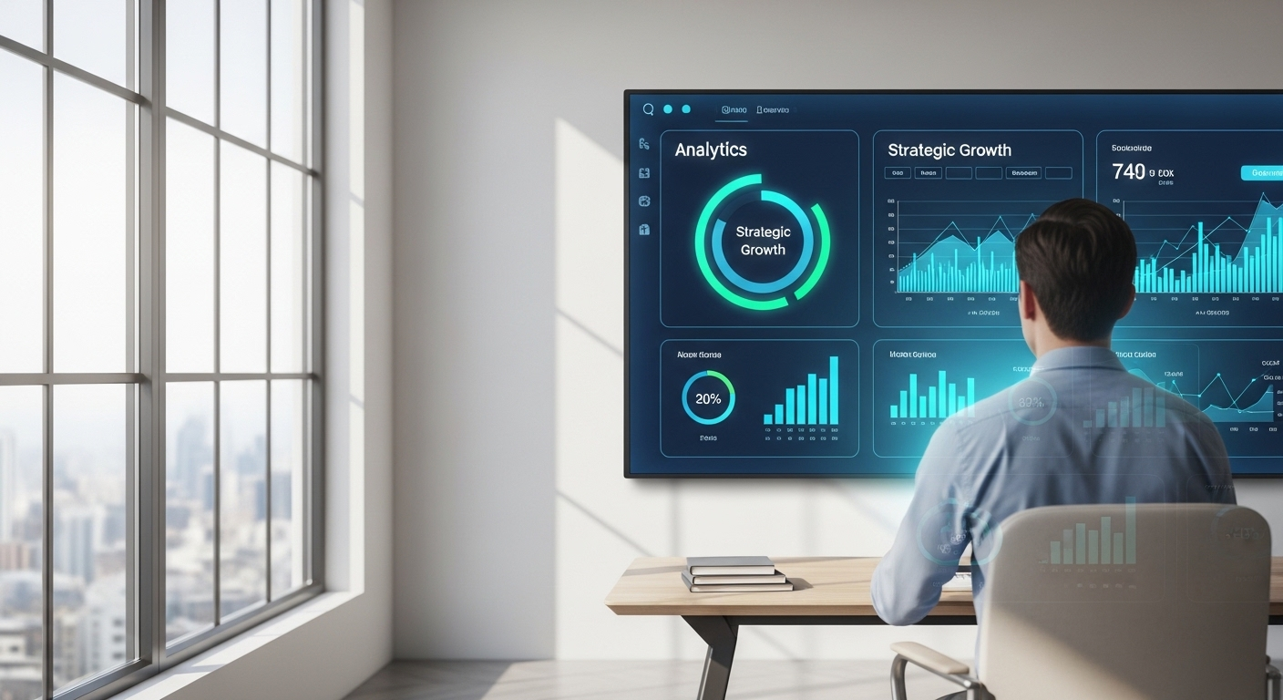 Một người đang tập trung phân tích bảng điều khiển dữ liệu tăng trưởng chiến lược trên màn hình lớn, tối ưu hóa cách kiếm tiền trên TikTok trong không gian làm việc hiện đại, có ánh sáng tự nhiên.