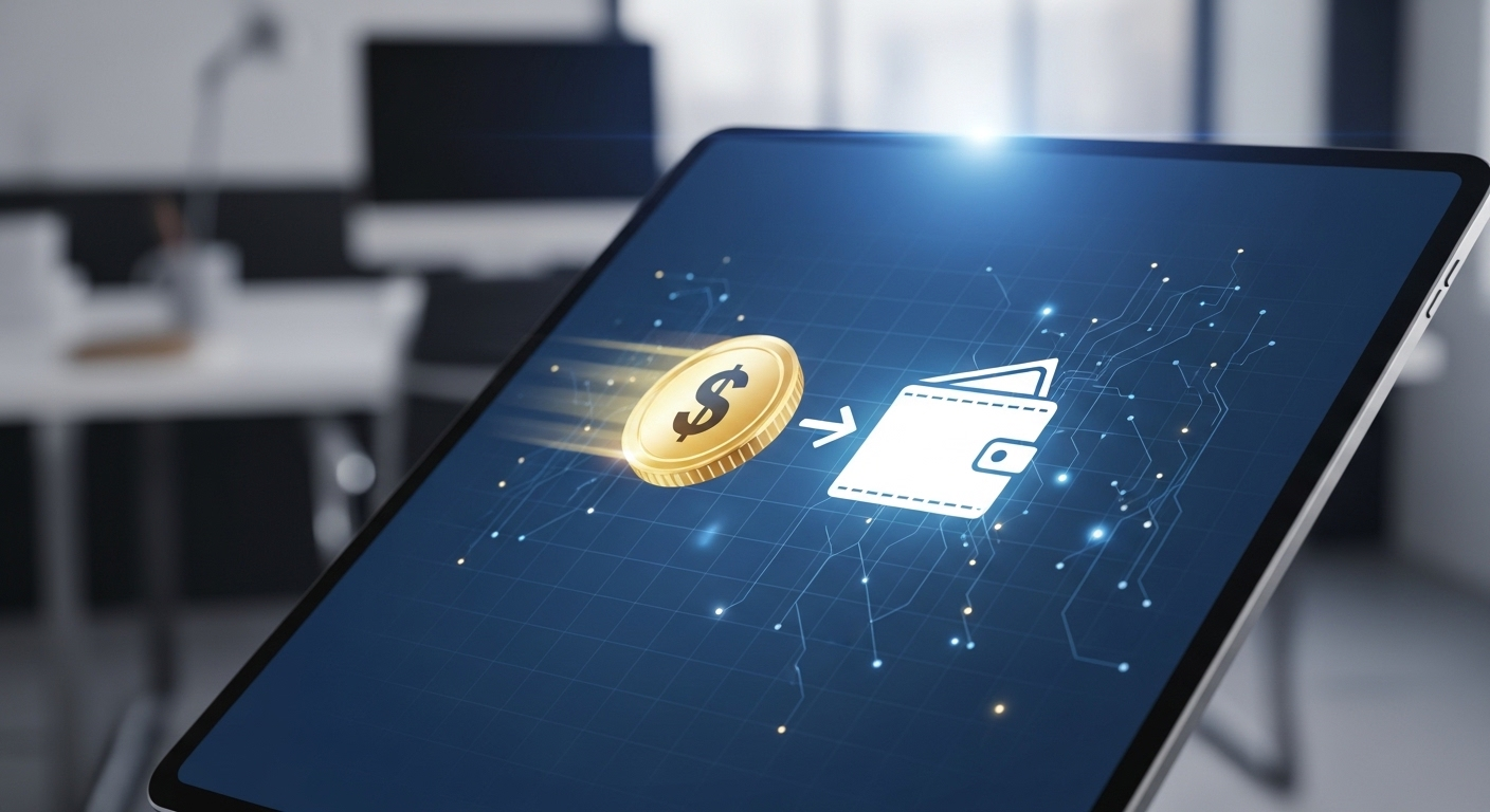 Màn hình máy tính bảng hiển thị giao dịch kỹ thuật số an toàn, tiền chuyển vào ví điện tử. Hình ảnh tượng trưng cho việc quản lý và thu nhập hiệu quả sau khi bạn thành công với cách bật kiếm tiền trên TikTok.