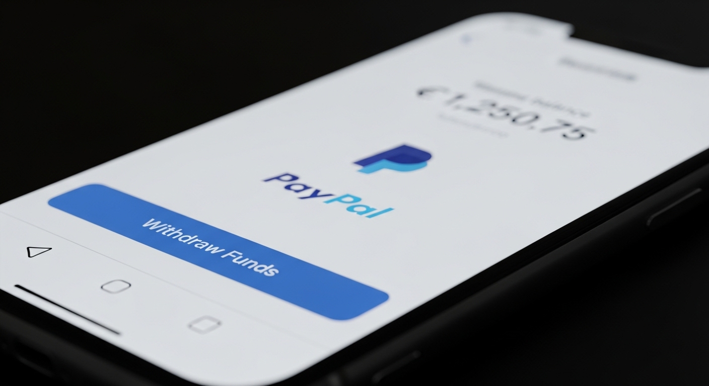 Màn hình điện thoại hiển thị ứng dụng ngân hàng số với nút 'Rút tiền', logo PayPal và số dư tài khoản. Hình ảnh thực tế cho thấy cách kiếm tiền từ TikTok có thể được rút về ngân hàng.