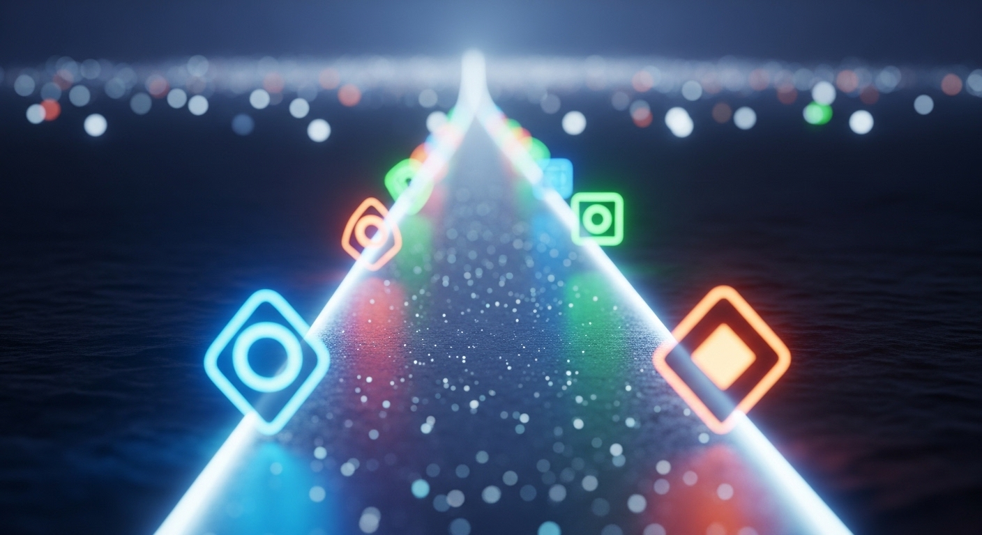 Con đường kỹ thuật số phát sáng với các mốc chỉ dẫn rõ ràng, tượng trưng cho hành trình có định hướng và cơ hội về cách kiếm tiền trên Tiktok trong không gian số rộng lớn.