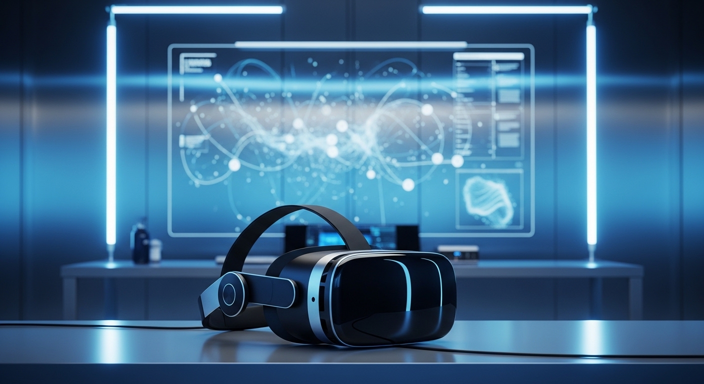 Kính thực tế ảo và màn hình trong suốt hiển thị dữ liệu đa phương tiện tiên tiến trong phòng lab công nghệ hiện đại. Hình ảnh minh họa cho lĩnh vực sáng tạo của Ngành truyền thông đa phương tiện, gợi ý tìm hiểu học trường nào ở TPHCM để theo đuổi.