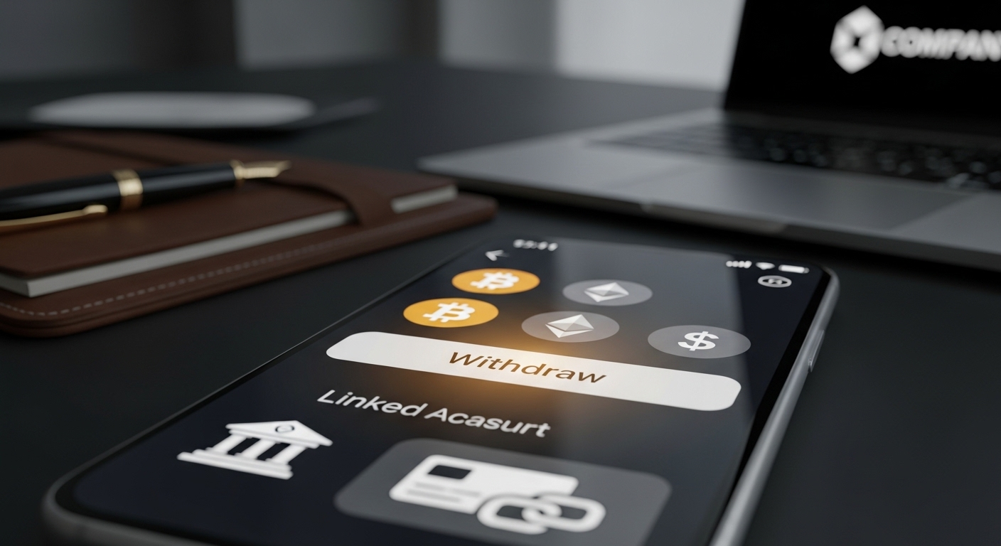 Màn hình smartphone cận cảnh hiển thị tùy chọn 'Rút tiền' trong giao diện quản lý tài chính, với biểu tượng tiền kỹ thuật số và tài khoản ngân hàng liên kết. Đây là bước quan trọng sau khi tìm hiểu cách bật kiếm tiền trên TikTok.