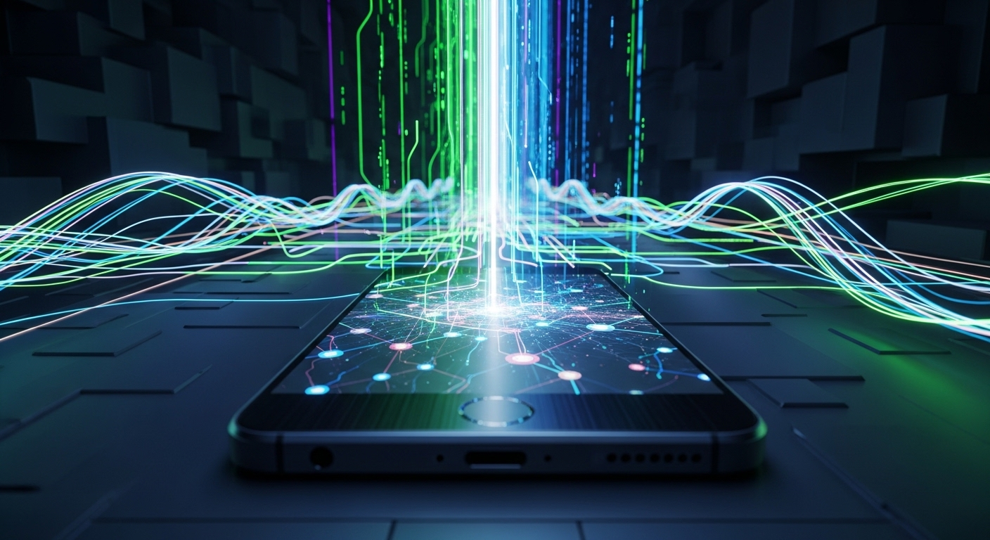 Hình ảnh tương lai với smartphone hiện đại ở trung tâm, các luồng dữ liệu và ánh sáng kỹ thuật số hội tụ, minh họa sự kết nối và cơ hội phát triển, bao gồm cả cách kiếm tiền trên TikTok.