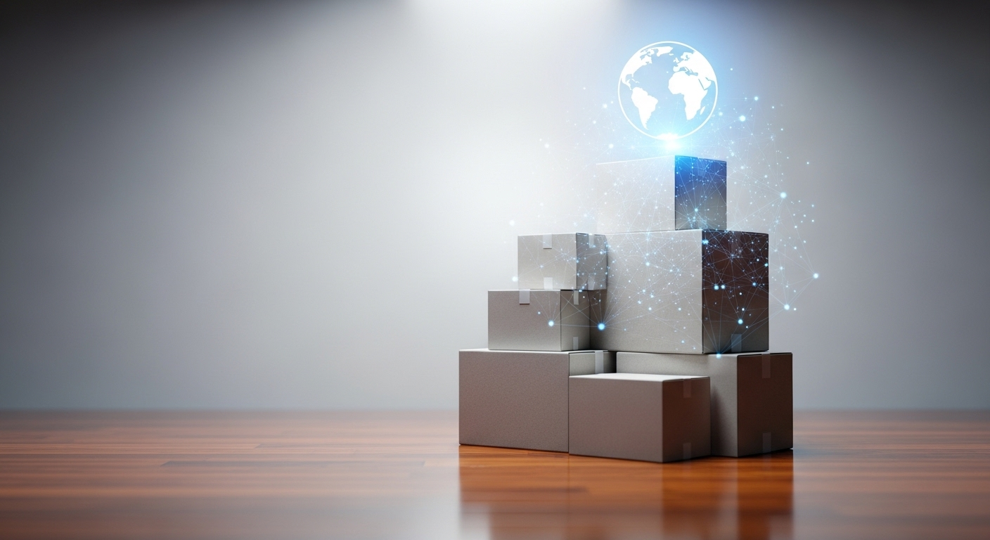 Thùng hàng và quả cầu kết nối kỹ thuật số, biểu tượng thương mại điện tử toàn cầu và logistic. Hình ảnh minh họa cách thức và cơ hội kiếm tiền trên TikTok qua bán hàng online và vận chuyển quốc tế.