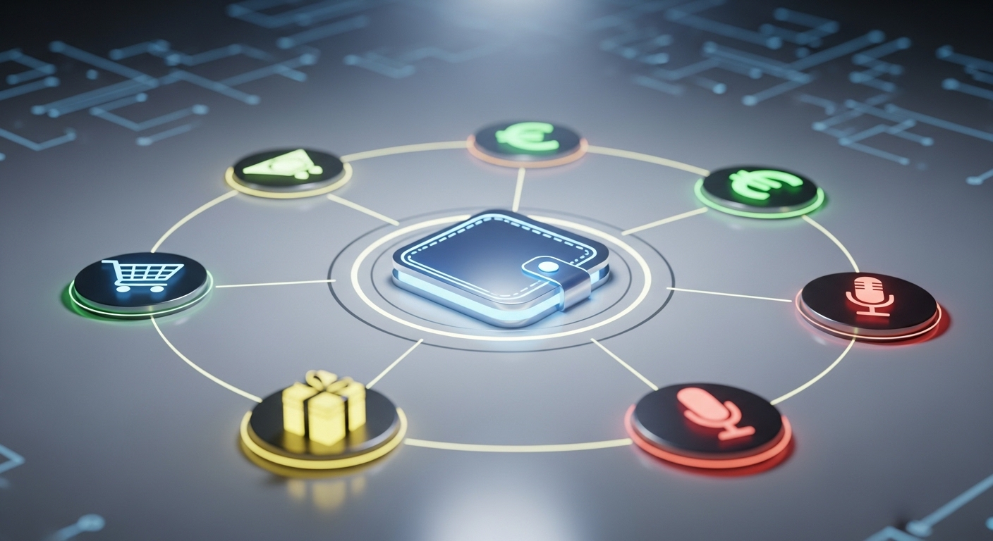 Hình ảnh các biểu tượng kiếm tiền đa dạng như giỏ hàng, tiền tệ, hộp quà, micro xoay quanh ví điện tử trung tâm. Minh họa các cách kiếm tiền trên TikTok và phát triển tài chính bền vững.