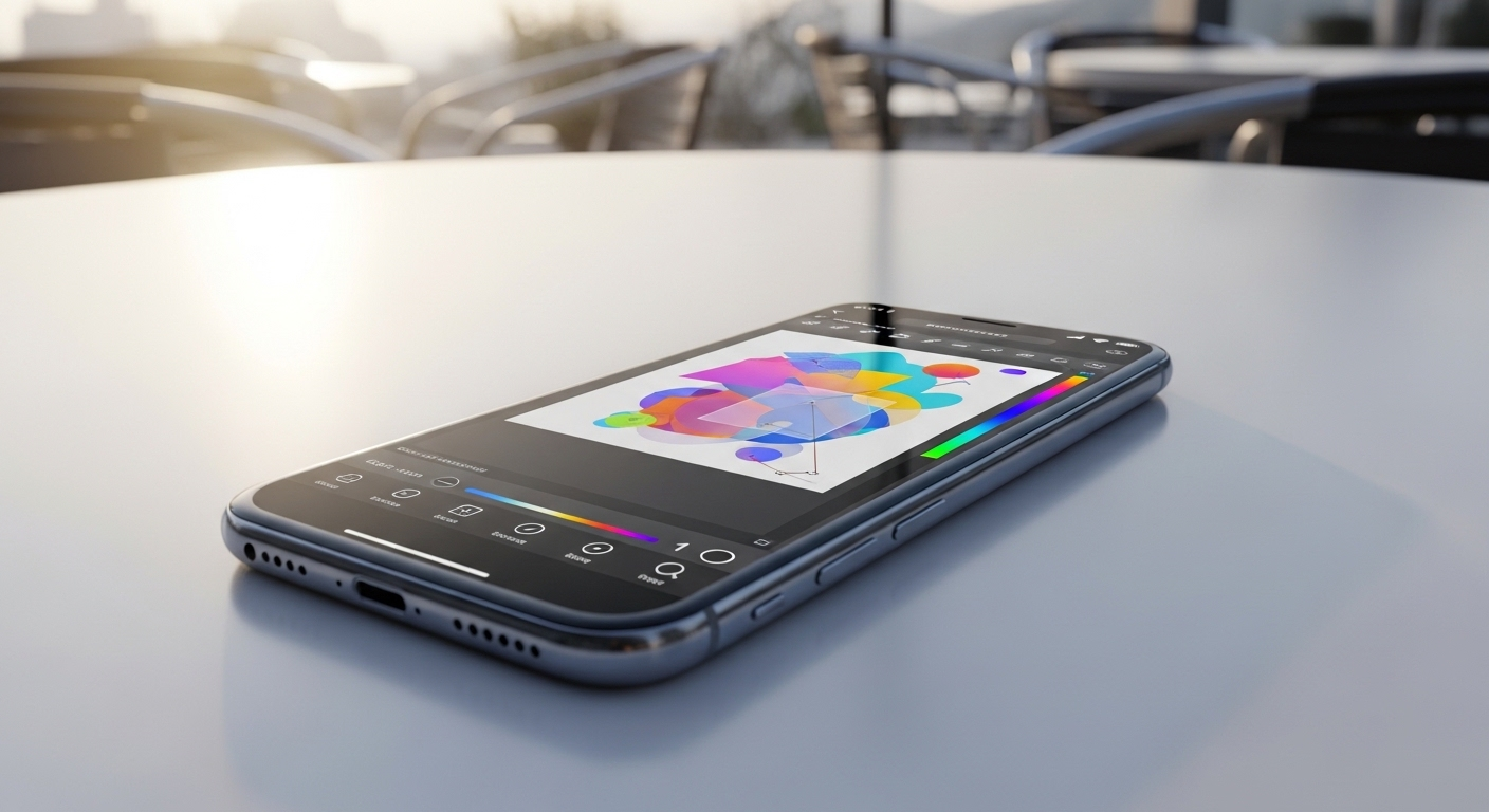 Điện thoại hiện đại đặt trên bàn cà phê ngoài trời, hiển thị giao diện ứng dụng thiết kế đồ họa thân thiện với dự án đang dang dở. Hình ảnh này minh họa sinh động cho hướng dẫn thiết kế Canva trên di động.