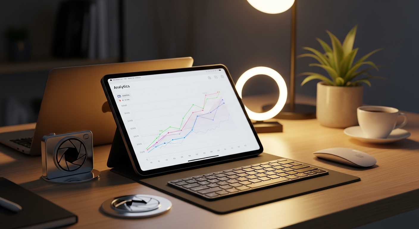 Trên bàn làm việc hiện đại, máy tính bảng hiển thị biểu đồ tăng trưởng, minh họa chiến lược phát triển và kiếm tiền trên TikTok hiệu quả.