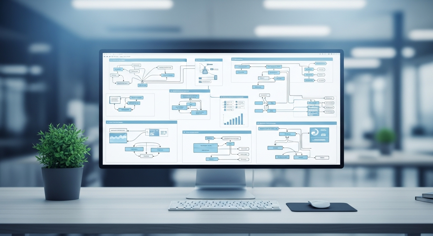 Bàn làm việc hiện đại, tối giản với màn hình hiển thị sơ đồ chiến lược, tối ưu cho việc tìm hiểu cách bật kiếm tiền TikTok tại Việt Nam.