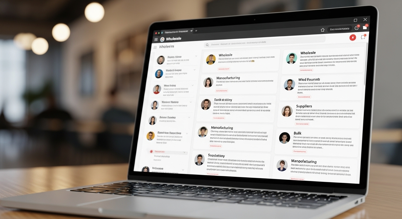 Màn hình laptop hiển thị diễn đàn kinh doanh online với các bài viết thảo luận về cách tìm nguồn hàng TikTok Shop và nguồn sỉ.