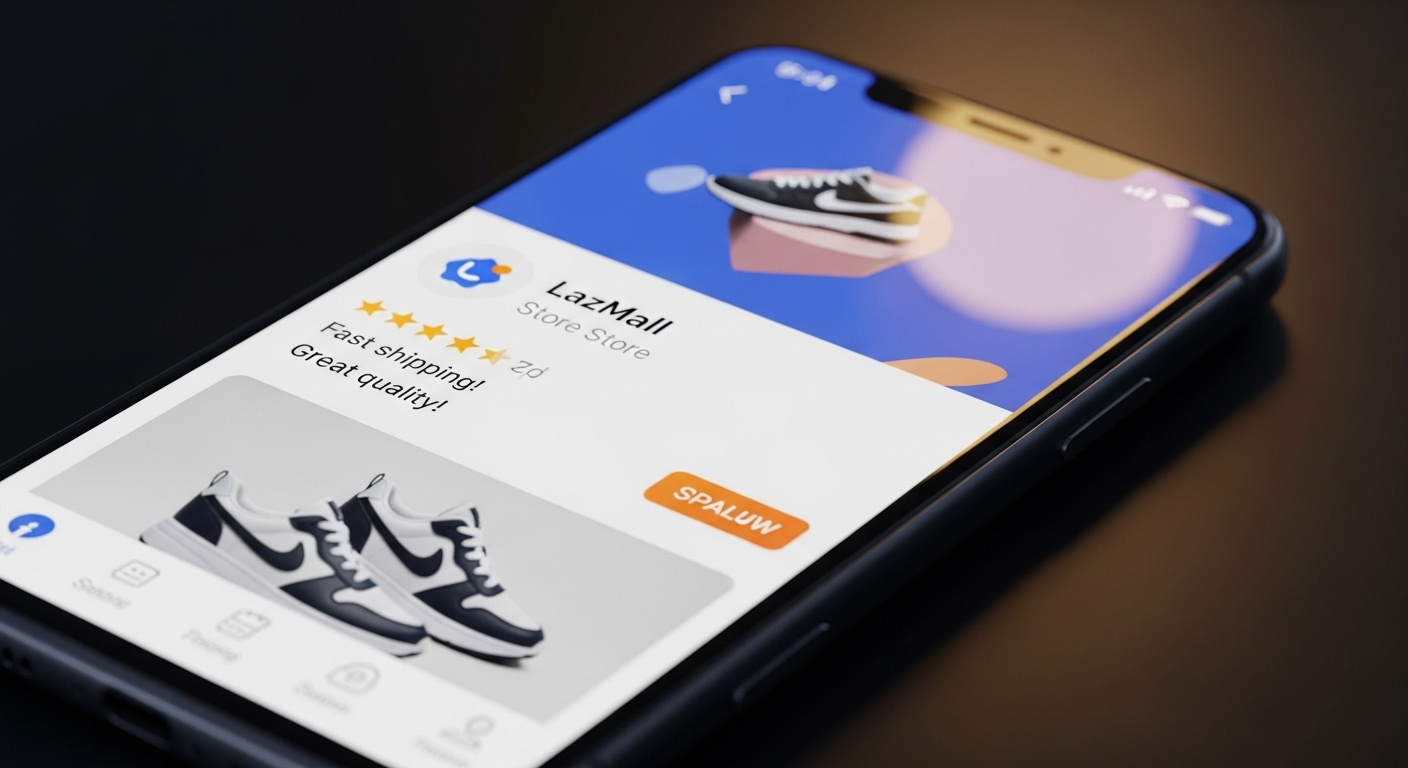 Màn hình điện thoại hiển thị ứng dụng Lazada với sản phẩm từ gian hàng LazMall, có đánh giá 5 sao và bình luận tích cực, rất hữu ích cho người đang tìm hiểu Lazada có cho kiểm tra hàng trước khi nhận không.