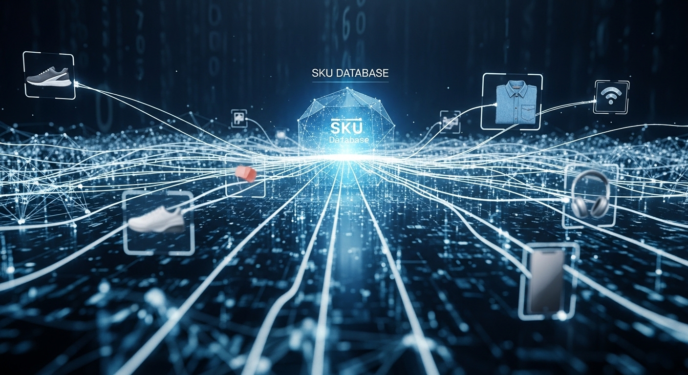 Hình ảnh minh họa hệ thống quản lý SKU sản phẩm Shopee và tồn kho đa kênh tích hợp, với các sản phẩm kết nối về trung tâm dữ liệu SKU.