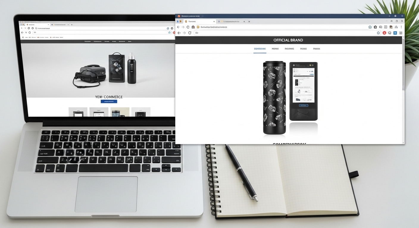 Laptop trên bàn làm việc hiển thị trang sản phẩm e-commerce và trang chính hãng để so sánh, minh họa quá trình nghiên cứu kiểm tra chất lượng. Hình ảnh phản ánh mối quan tâm của người dùng về việc Lazada có bán hàng giả không.