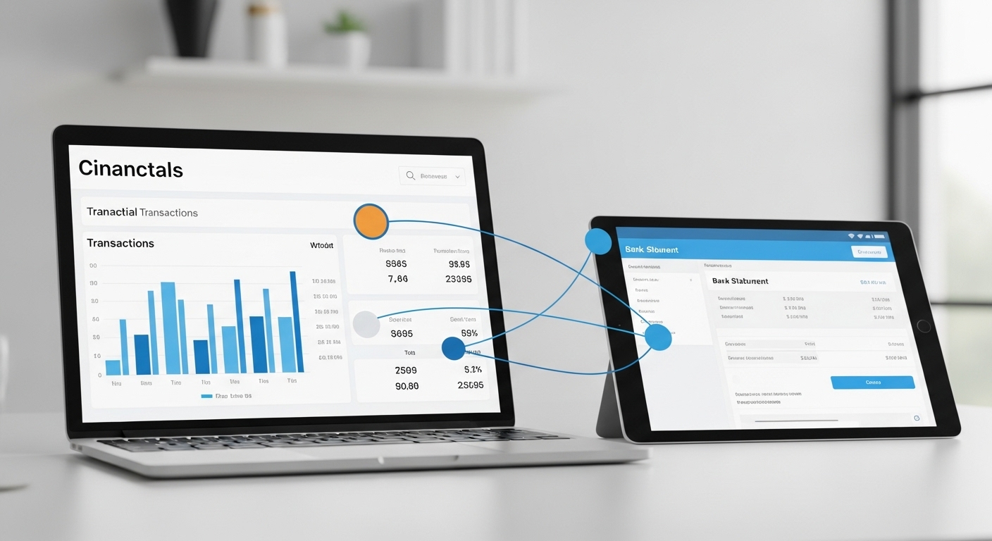 laptop hiển thị dashboard tài chính giao dịch và tablet hiện sao kê ngân hàng, minh họa việc phân tích dữ liệu để quản lý nguồn tiền hiệu quả, hỗ trợ tìm hiểu cách rút tiền TikTok Shop.