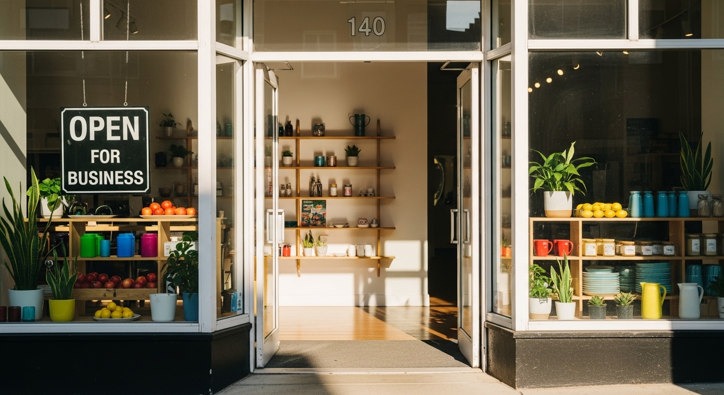 Cửa hàng rực rỡ với biển 'Mở Cửa', ánh nắng chiếu rọi sản phẩm đa sắc màu, báo hiệu sự trở lại đầy năng lượng sau thời gian tạm dừng, tương tự việc kết thúc chế độ tạm nghỉ Shopee.