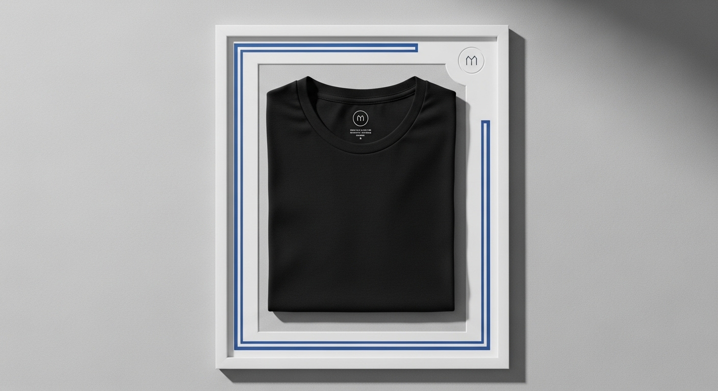 Áo thun tối giản gấp gọn trong khung thiết kế hiện đại, với màu sắc bổ trợ và biểu tượng thương hiệu độc đáo, minh họa cách tạo khung Shopee chuyên nghiệp, giúp sản phẩm nổi bật và nhất quán thương hiệu.