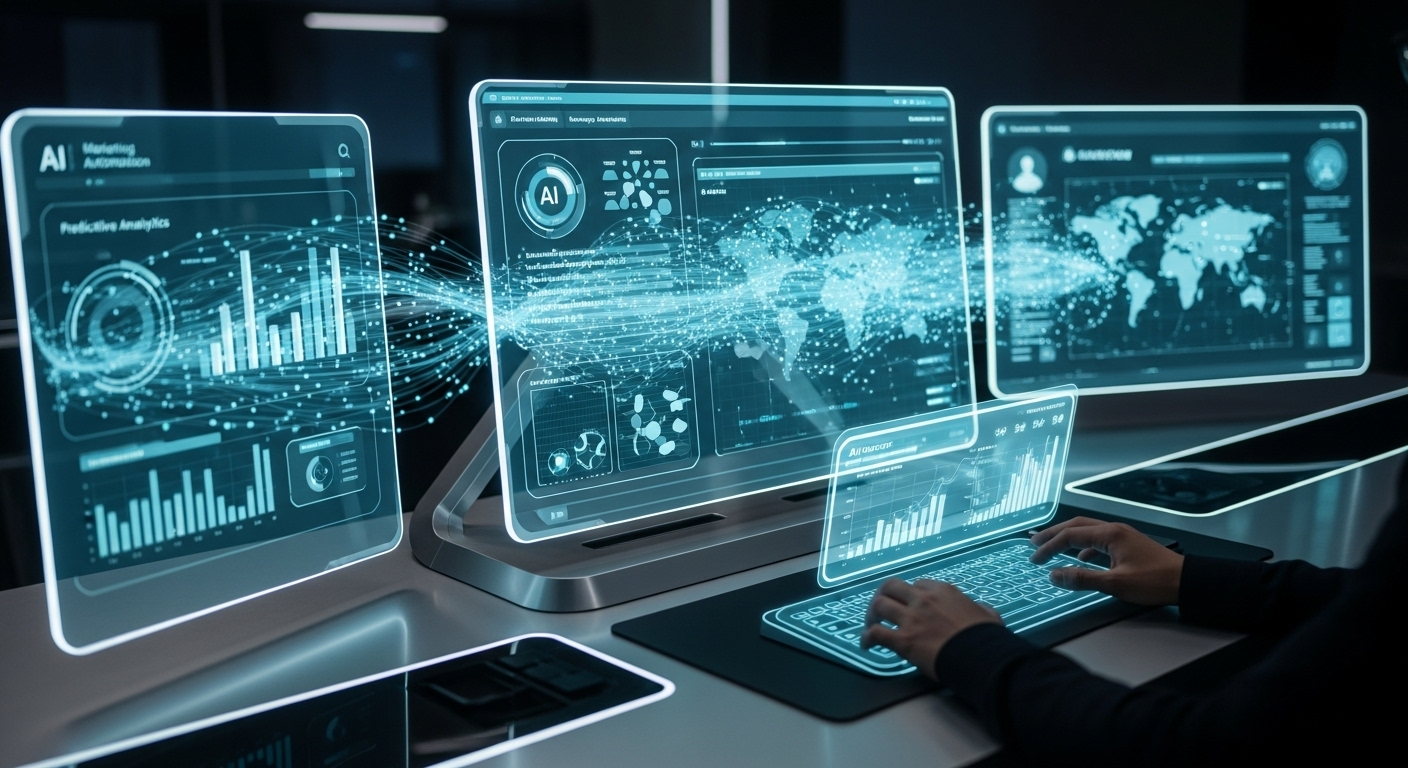 Máy trạm tương lai với màn hình AI hiển thị tự động hóa marketing, phân tích dự đoán, và bản đồ hành trình khách hàng, phục vụ hiệu quả cho các vị trí trong ngành Marketing.