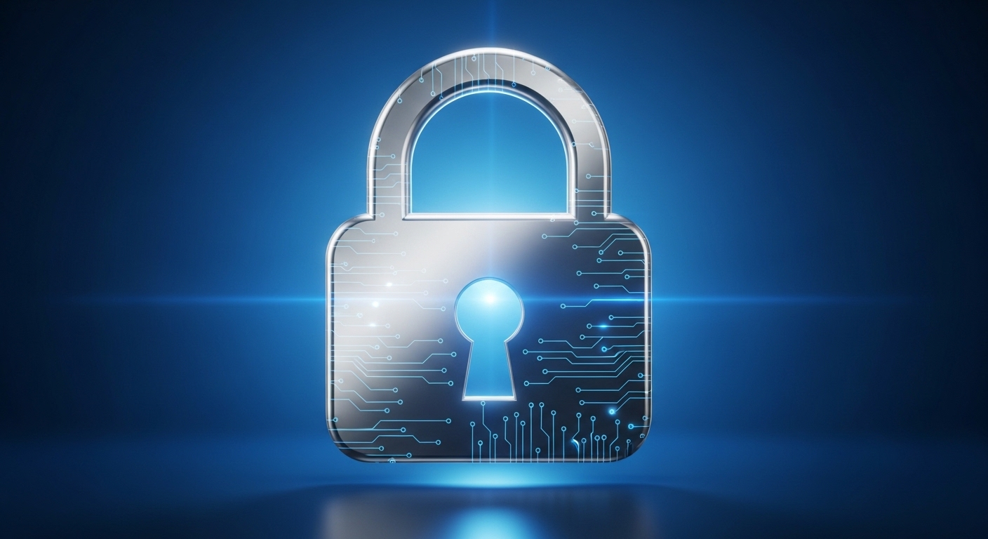 Ổ khóa kim loại sáng bóng với họa tiết mạch điện tử, biểu tượng bảo mật và tin cậy cho một web bán hàng online uy tín.