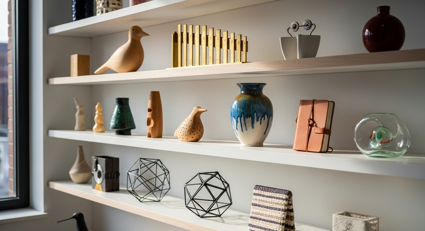 Bộ sưu tập sản phẩm độc đáo (đồ thủ công, công cụ) đa dạng hình dáng, màu sắc, chất liệu, trưng bày gọn gàng trên kệ tối giản, ánh sáng tự nhiên. Hình ảnh sản phẩm chuyên nghiệp như thế này là yếu tố quan trọng trong kỹ thuật chốt sale Shopee hiệu quả.