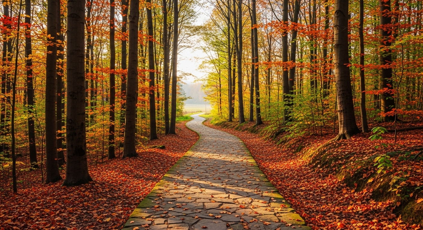 Con đường đá uốn lượn qua rừng thu lá vàng đỏ rực rỡ, dẫn tới khoảng trống sáng hứa hẹn, tượng trưng cho cơ hội kiếm tiền trên TikTok. Con đường đá uốn lượn qua rừng thu lá vàng đỏ rực rỡ, dẫn tới khoảng trống sáng hứa hẹn, tượng trưng cho cơ hội kiếm tiền trên TikTok.