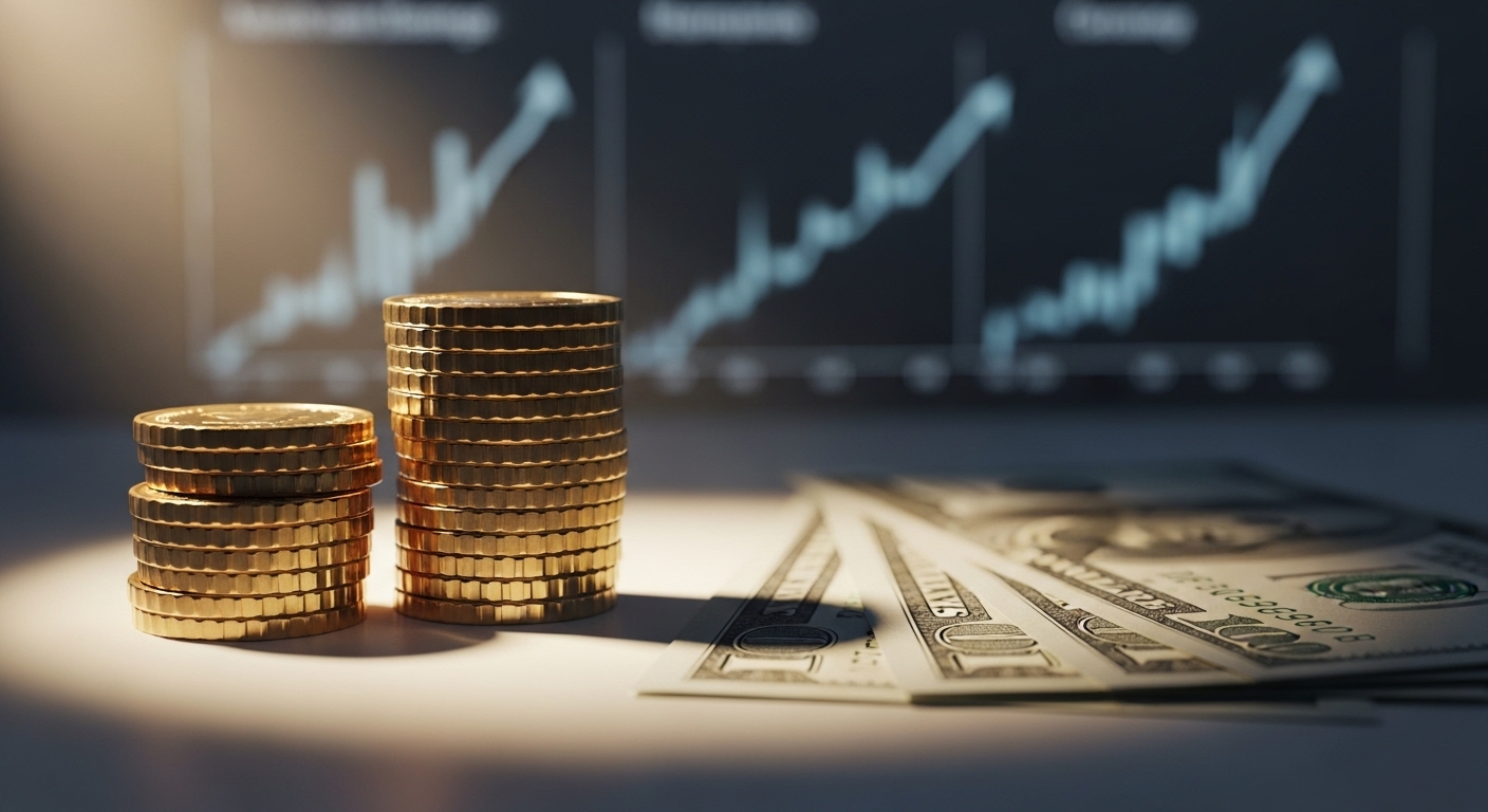Chồng tiền xu vàng lấp lánh và tiền giấy, với biểu đồ tăng trưởng tài chính mờ phía sau, minh họa lợi nhuận từ các nền tảng trực tuyến, gợi mở các cách kiếm tiền trên TikTok hiệu quả.