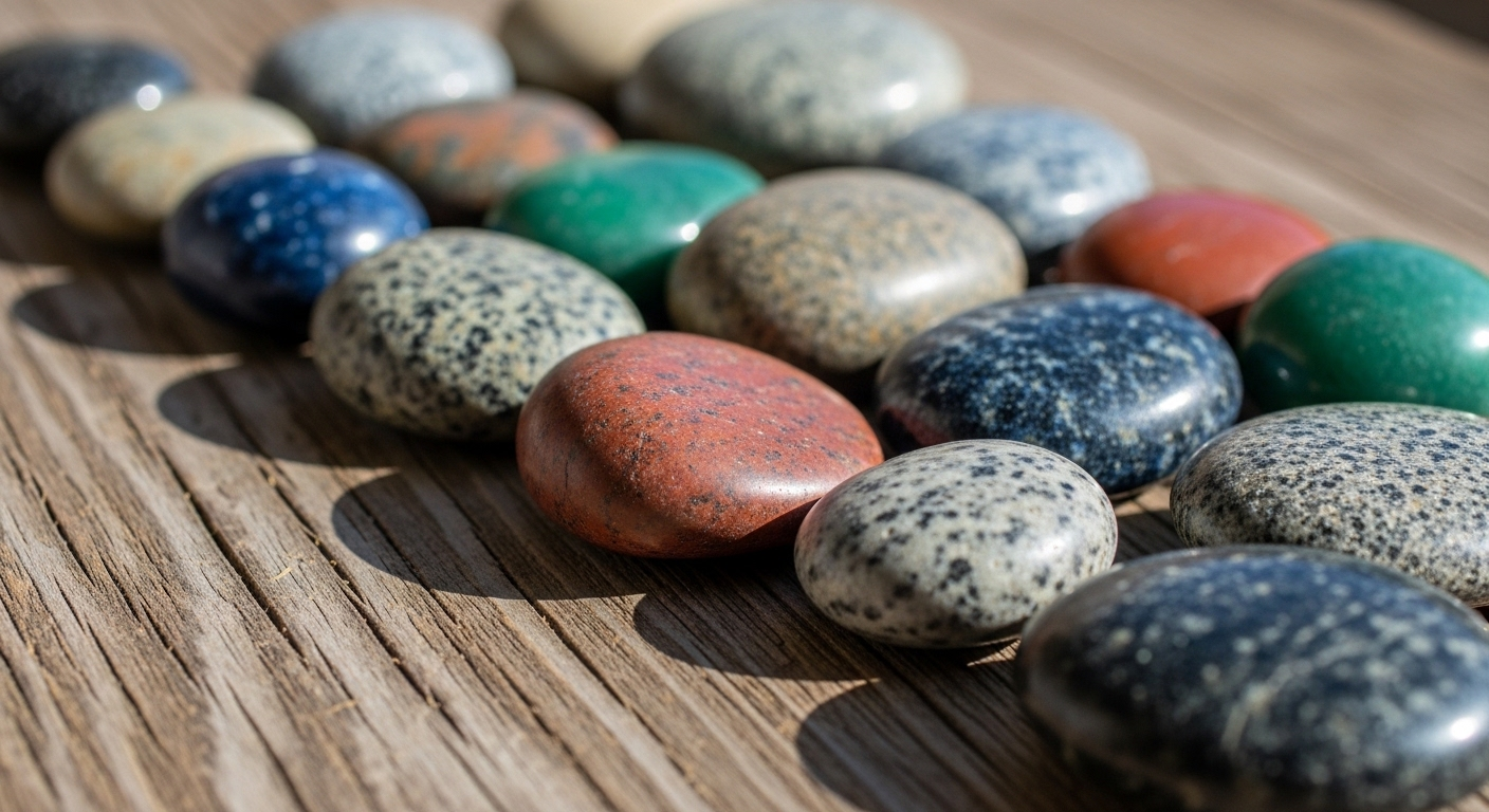 Hình ảnh các viên đá nhẵn, nhiều màu sắc đặt trên gỗ mộc, tượng trưng cho những cách kiếm tiền từ Tiktok cho người mới đa dạng và độc đáo.