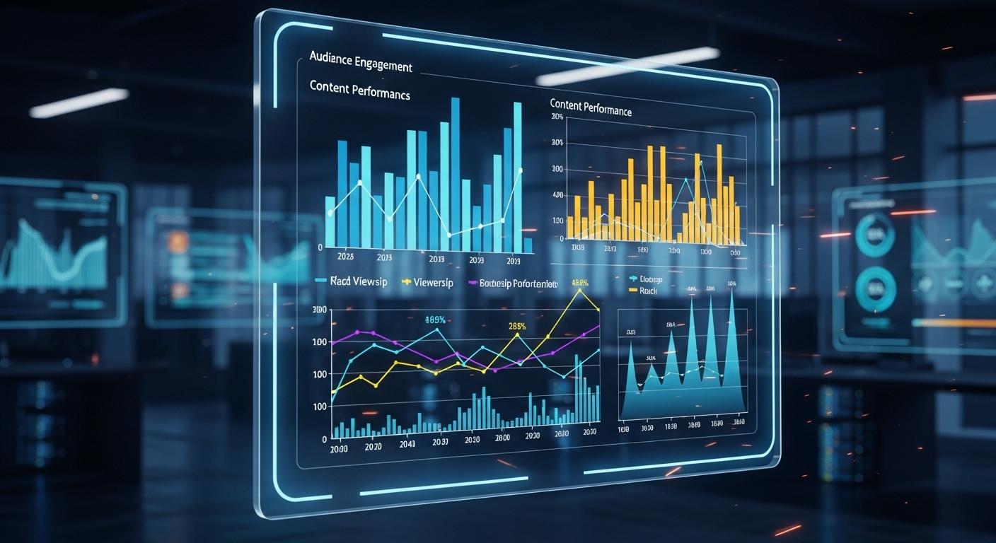 Infographic dữ liệu chi tiết về hiệu suất và tương tác nội dung trên màn hình trong suốt, minh họa bằng biểu đồ sống động. Đây là những yếu tố quan trọng để nắm rõ cách bật kiếm tiền trên TikTok và phát triển kênh.