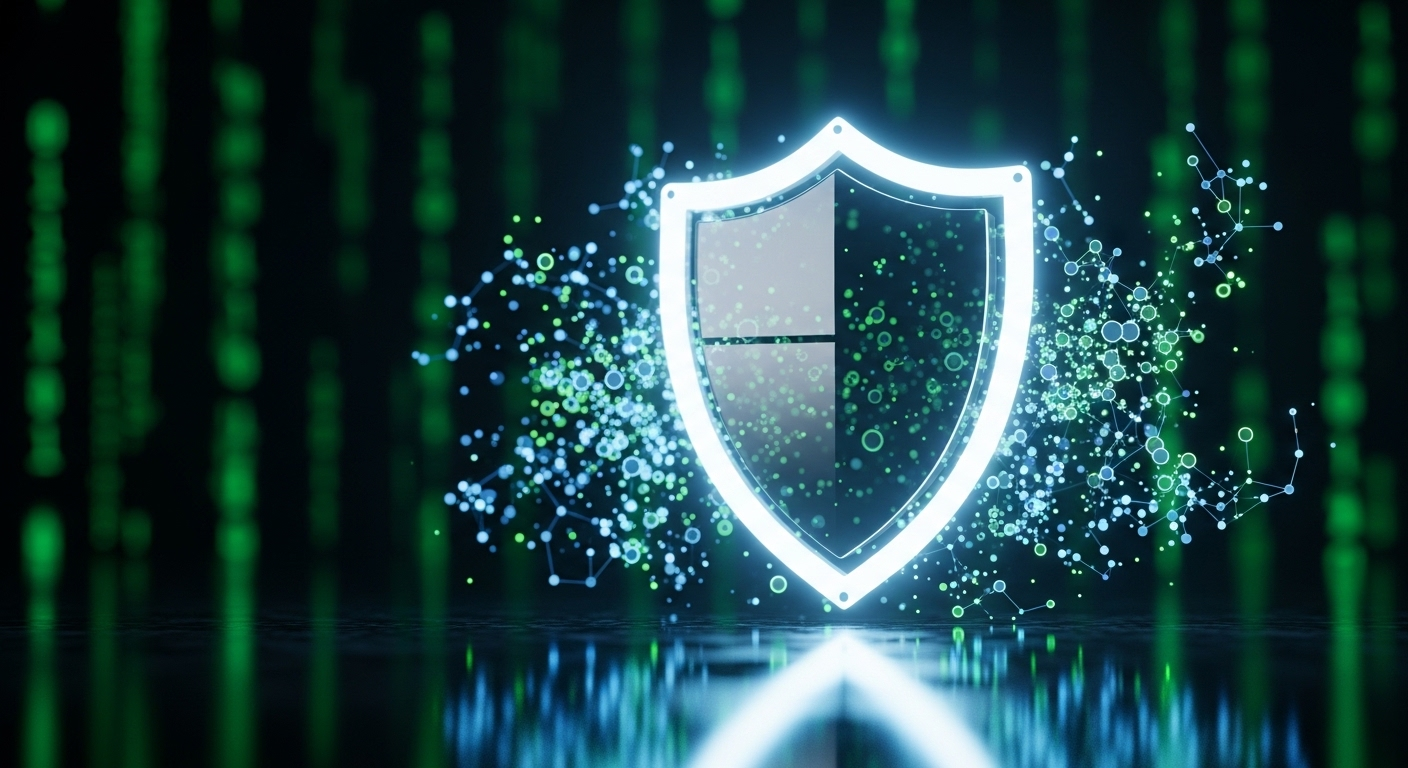 Biểu tượng khiên kỹ thuật số bảo vệ dữ liệu và mã nhị phân, tượng trưng cho bảo mật trực tuyến thiết yếu. Rất quan trọng khi tìm hiểu MMO là gì và tham gia thế giới game online.