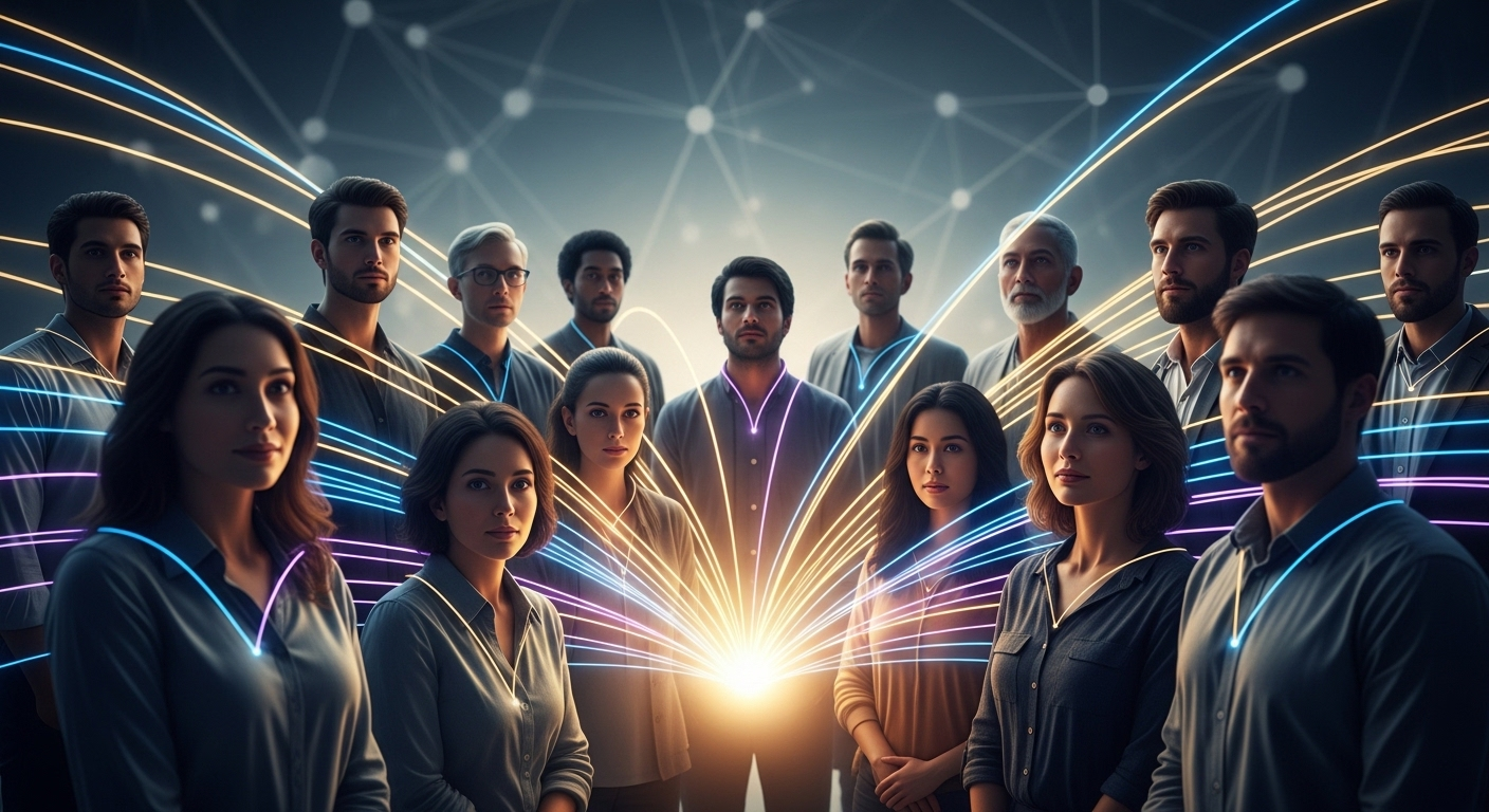 Hình ảnh cộng đồng số sôi động, đa dạng, được kết nối bởi các đường phát sáng, tượng trưng cho sự gắn kết và phát triển Fanpage. Minh họa tầm quan trọng của việc biết cách mời bạn bè thích trang Fanpage để xây dựng cộng đồng mạnh mẽ.