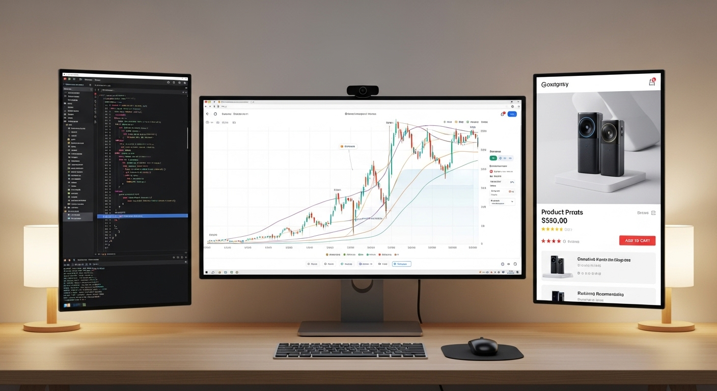 Không gian làm việc kỹ thuật số hiện đại, gọn gàng với ba màn hình hiển thị code, biểu đồ và trang sản phẩm thương mại điện tử, minh họa các công cụ và hoạt động cốt lõi trong lĩnh vực MMO là gì.