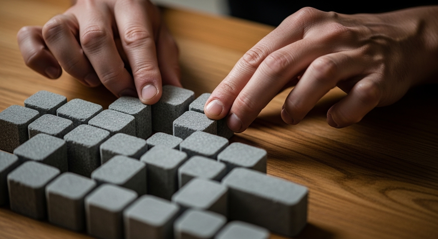 Cận cảnh bàn tay tỉ mỉ sắp xếp các khối đá nhỏ, nhẵn trên bàn gỗ, thể hiện quá trình xây dựng cấu trúc và tổ chức cẩn trọng. I cannot perform the analysis as the article content is empty. Please provide the article content for analysis.