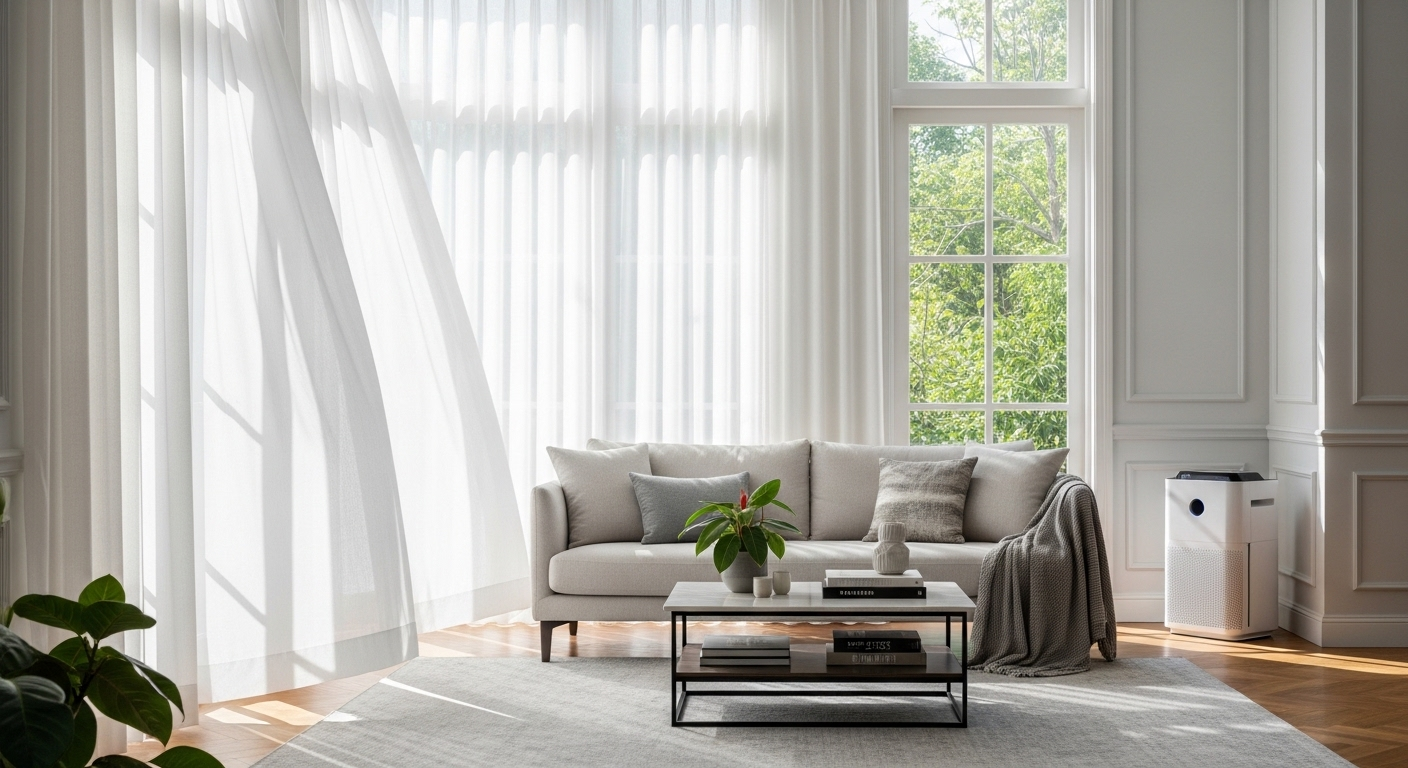 Phòng khách ngập nắng, rèm trắng bay nhẹ cùng máy lọc không khí hiện đại đặt gọn gàng trong góc, tạo không gian trong lành và thanh bình.