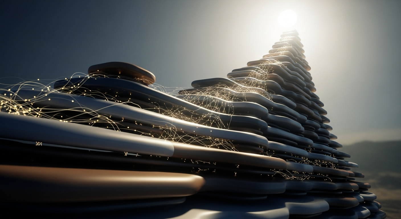 Cấu trúc vững chãi, nhiều lớp tượng trưng cho con đường kiếm tiền MMO từ chuyên môn bền vững, với ánh sáng tri thức cho sự học hỏi và thích nghi liên tục.