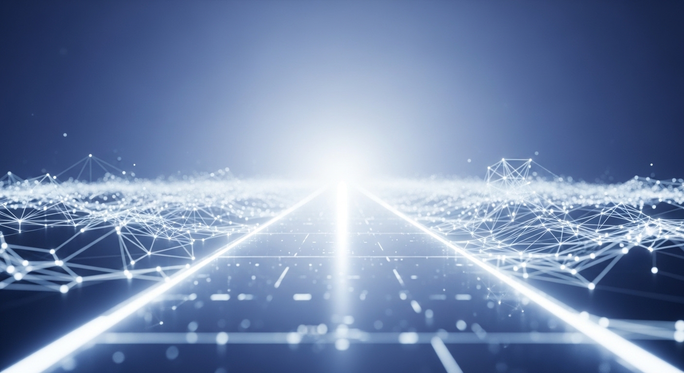 Phong cảnh kỹ thuật số tiến bộ với con đường rộng mở sáng rực và mạng lưới kết nối hiện đại, tượng trưng cho hành trình khám phá và hiểu rõ MMO là gì.