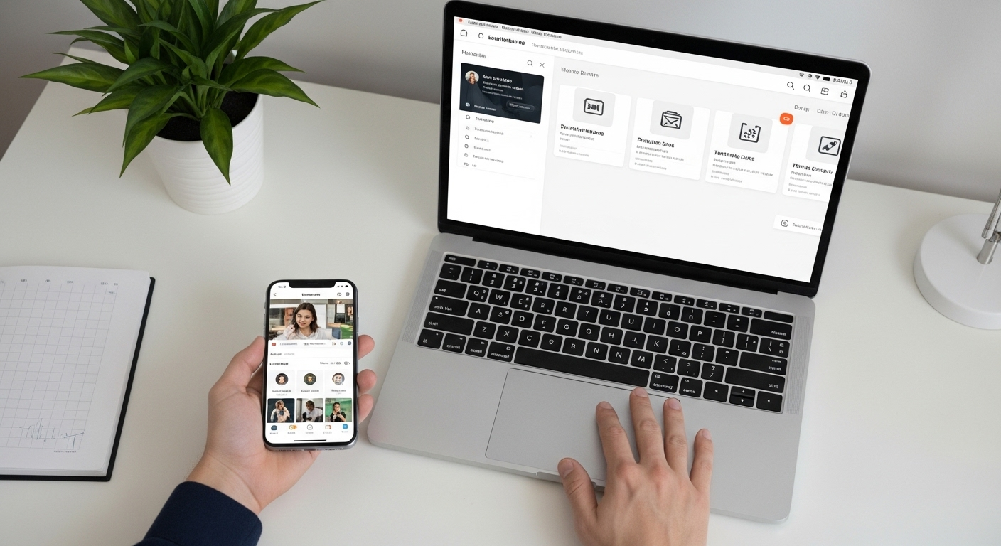 Góc nhìn từ trên cao một không gian làm việc gọn gàng với máy tính xách tay và điện thoại thông minh, hiển thị các hoạt động trực tuyến khác nhau, gợi ý về các app kiếm tiền online không cần vốn hiệu quả trong môi trường năng suất.