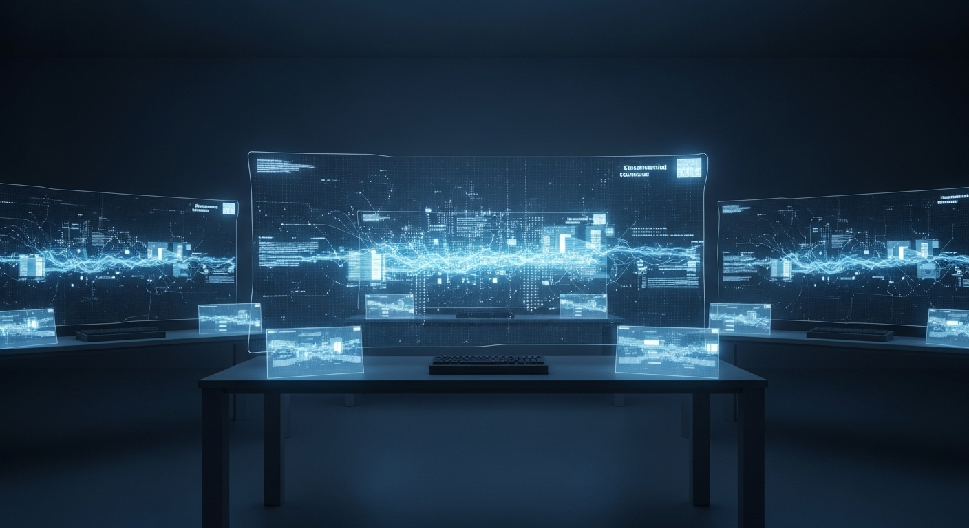 Không gian làm việc tương lai, tối giản với luồng dữ liệu và thuật toán trên màn hình holographic. Bối cảnh công nghệ cao này minh họa các quy trình số phức tạp, làm nền tảng cho nhiều hoạt động trực tuyến, bao gồm cả việc tìm hiểu MMO là công việc gì.