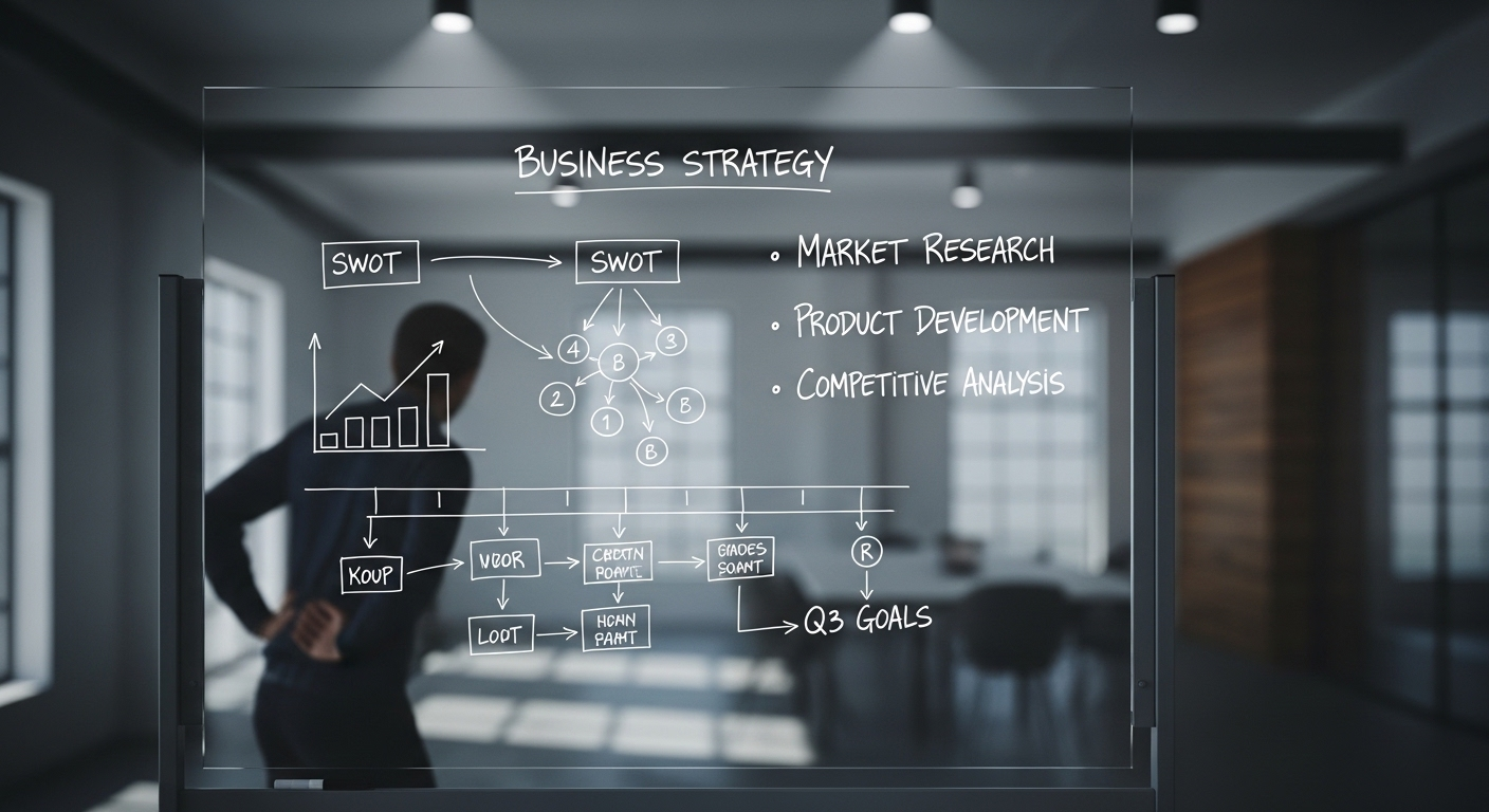 Bảng kính chiến lược kinh doanh rõ ràng với sơ đồ và gạch đầu dòng, được một người chăm chú quan sát. Nội dung có thể liên quan đến cách triển khai MMO là gì để tăng hiệu quả kinh doanh online.